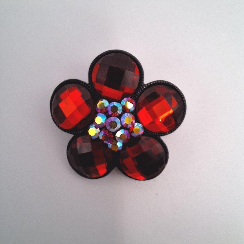 Vintage flower brooch red AB crystals faceted